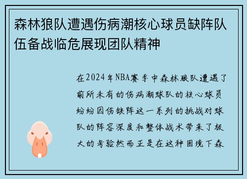 森林狼队遭遇伤病潮核心球员缺阵队伍备战临危展现团队精神