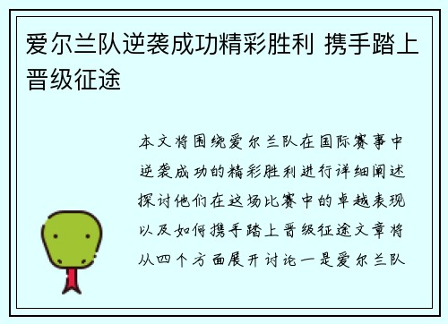爱尔兰队逆袭成功精彩胜利 携手踏上晋级征途