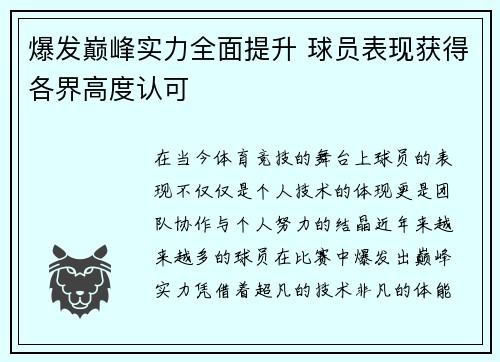 爆发巅峰实力全面提升 球员表现获得各界高度认可