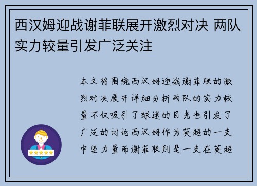 西汉姆迎战谢菲联展开激烈对决 两队实力较量引发广泛关注