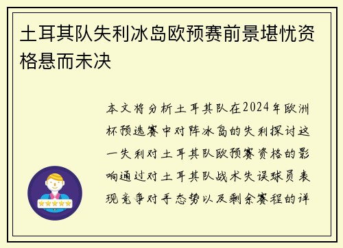 土耳其队失利冰岛欧预赛前景堪忧资格悬而未决