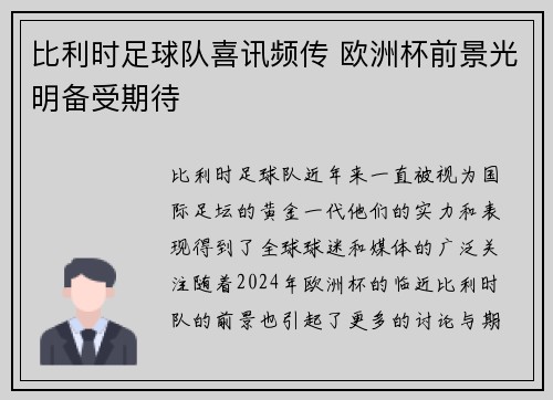 比利时足球队喜讯频传 欧洲杯前景光明备受期待